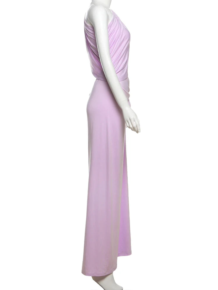Nibber Ruched Elegant Dress Women Sexy Irregular Diagonal Collar Hollow Sleeveless Skinny Robe Midnight Prom Party Long Bodycon Aviola