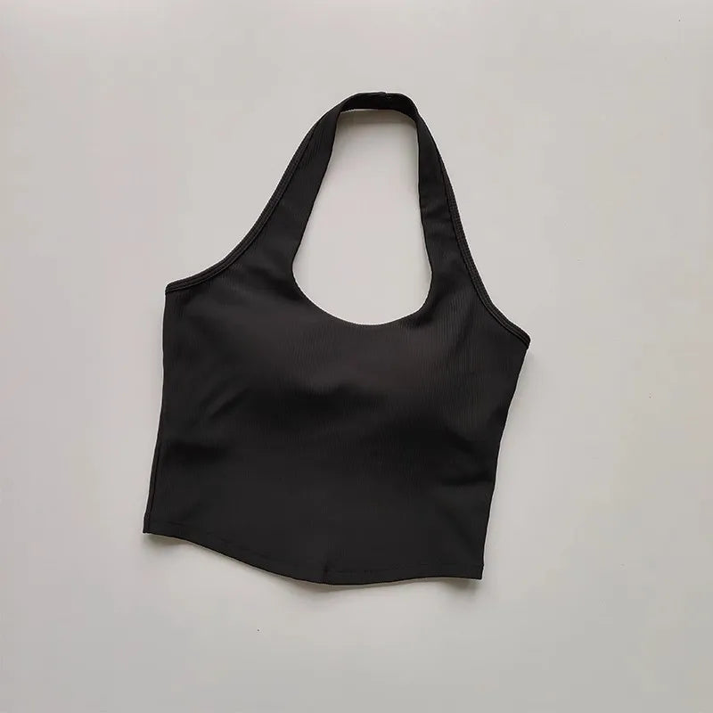 2023 Summer Sexy Sports Bra Rib Sport Top Underwear Women's Running Gathered Bra Hanging Neck Fitness Vest Fixed Padded Yoga Bra Aviola