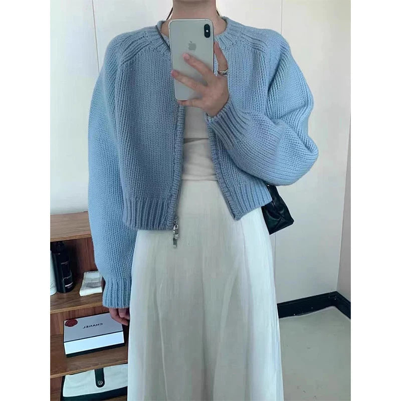 MEXZT Solid Knitted Cardigan Women Sweet Zipper Cropped Sweaters Korean Vintage Casual Knitwear Coat Loose Short Jumpers Jackets Aviola