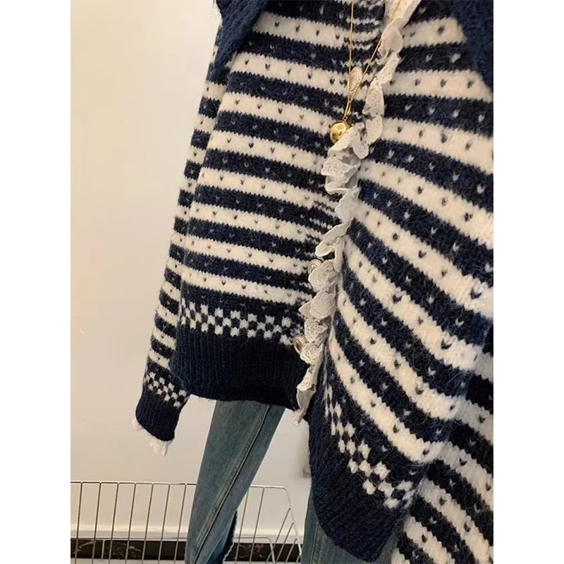 MEXZT Vintage Striped Knitted Cardigan Women Harajuku Cropped Sweater Outerwears Korean Lace Patchwork Knitwears Winter Jumpers Aviola
