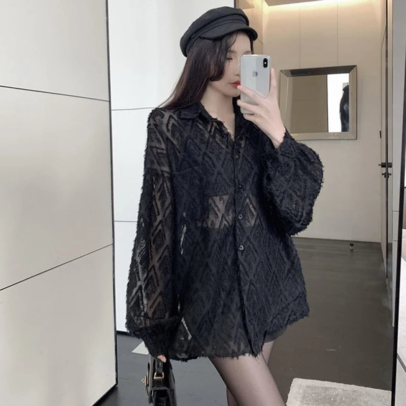 MEXZT Lace Blouses Women Sexy See Through Tassel Loose Sunscreen Shirts Summer Korean Sweet Elegant Casual Sun Protection Tops Aviola