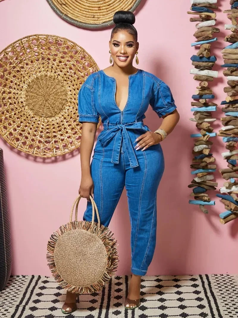 Sexy Denim Jumpsuit for Women Lace-up Pencil Pant Jeans Short Sleeve Sashes Long Rompers Playsuits One Piece Overalls Outfits Aviola