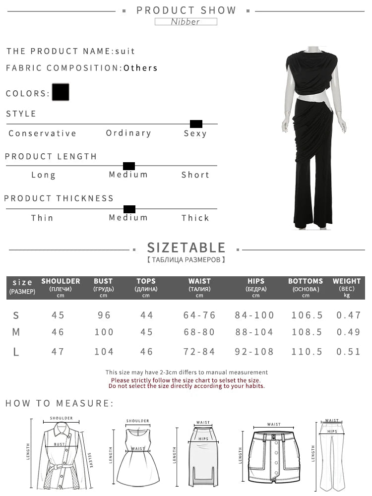 Nibber Classic 2 Piece Set Elegant Ruched Summer Women Chic Irregular Tank Tops+Skirts Pants Matching Casual Basic Streetwear Aviola