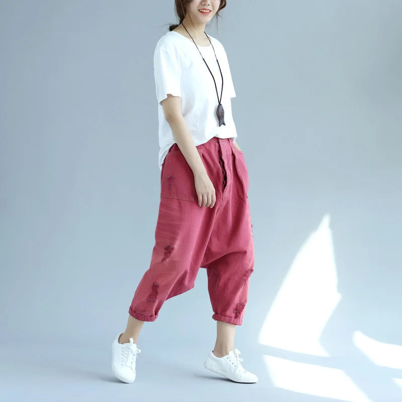 Denim Pant Women Jeans Calf Length Pants High Waist Straight Trousers Y2k Streetwear Elegant Mom Jeans Casual Hole Loose 2025 Aviola