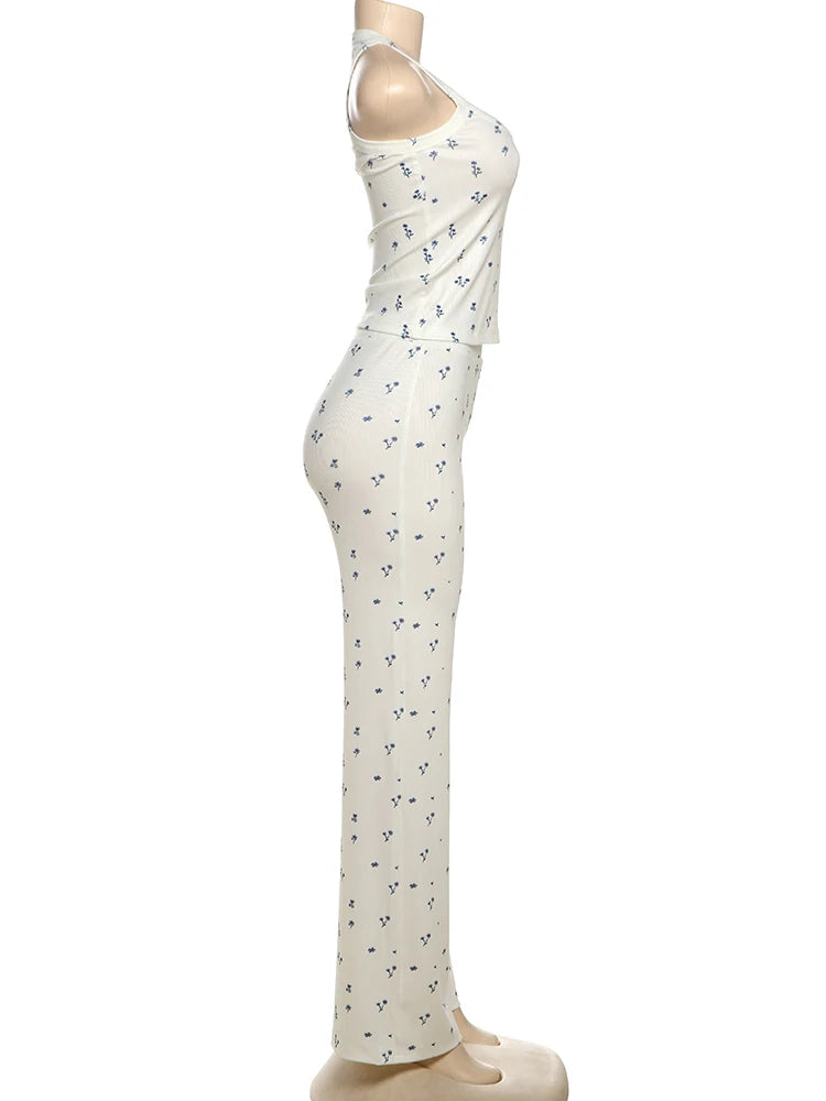 Nibber Comfy Casual Ribbed 2 Piece Set Women Flower Print Squard Collar Tops+Straight Pants Matching Daily Simple Elegant Suits Aviola