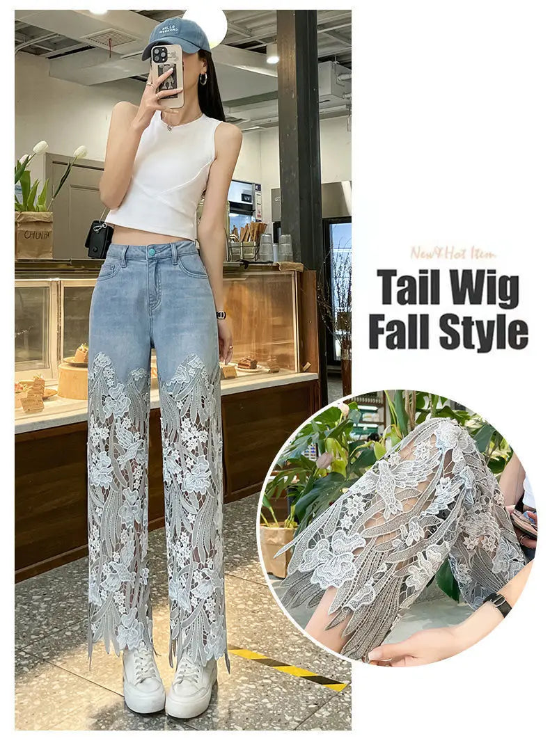 Denim Pant Women Jeans Hollow Out Floral Long Pants Slim Lace High Waist Straight Trousers Y2k Streetwear Splice Mom Party Club Aviola