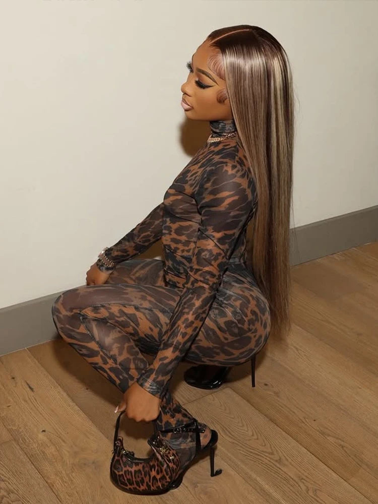 Nibber Full Sleeve Leopard Print Foot Jumpsuit Women See Through Turtleneck Coquette Midnight Club Activity Workout Overalls Aviola