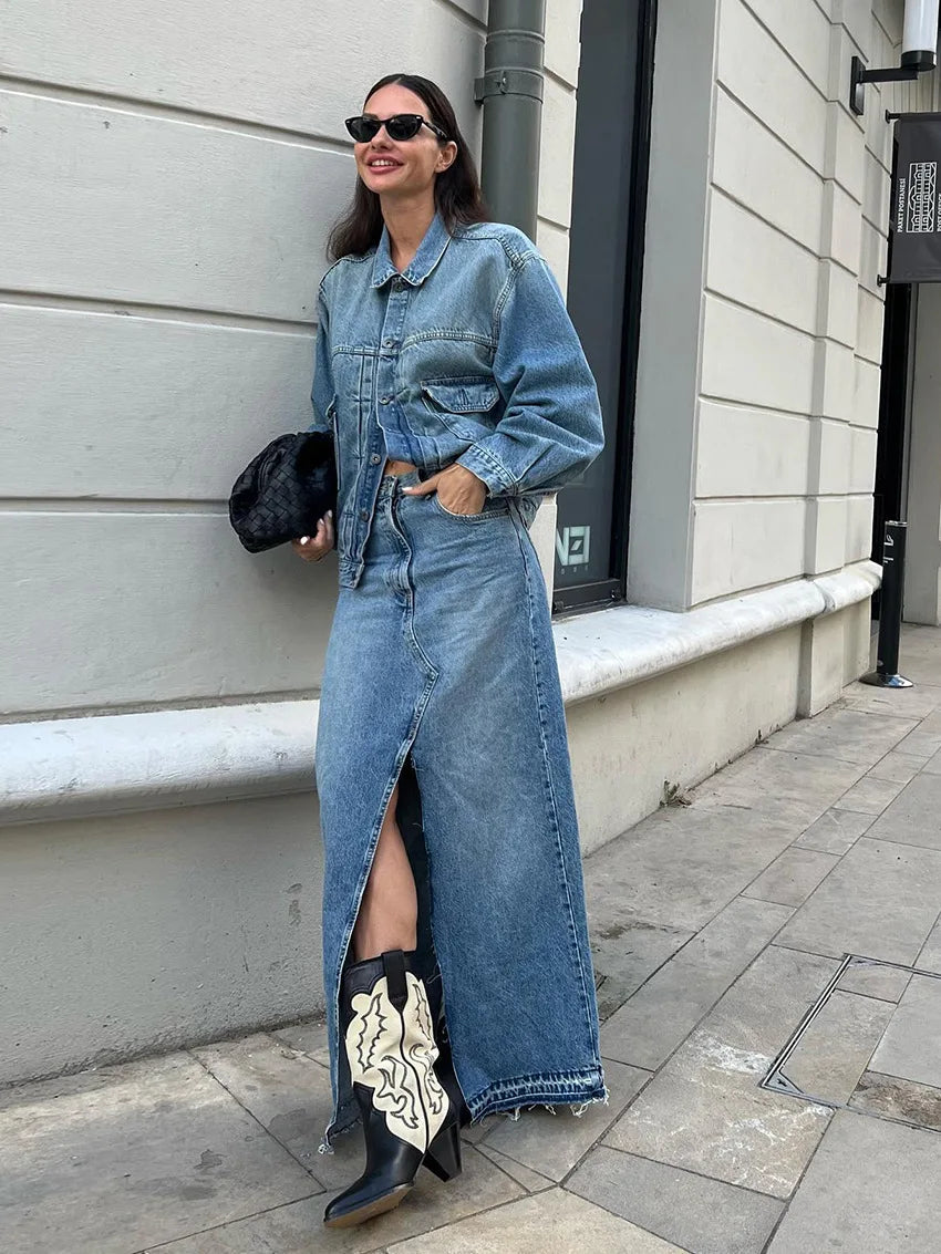 Denim Long Skirt Women Split Skirts Stretch High Waist Pockets Washed Distressed Mom Jeans 2025 Summer Streetwear Vintage A Line Aviola