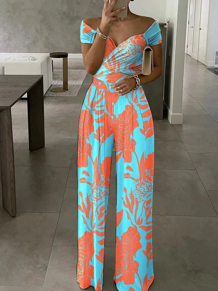 Floral Print Jumpsuit Women Summer Y2k Straight Party Overalls Y2k Club Romper Elegant Off Shoulder Sleeveless Party Jumpsuits Aviola