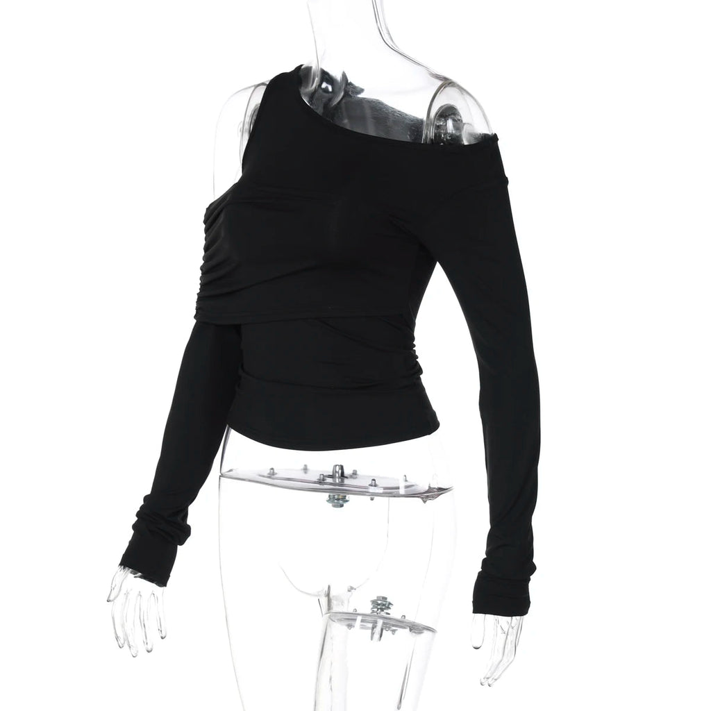 Nibber Elegant Woman Top Autumn Irregular Off Shoulder Stretch Street Fashion Blouse Simple Stylish Versatile Daily t-Shirt Aviola