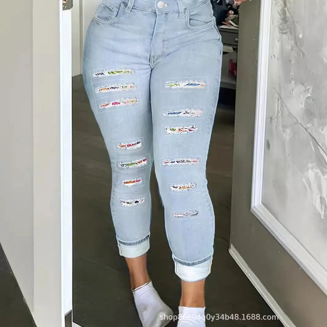 Bodycon Pencil Jeans Women Holes Splice High Waist Trousers Row Denim Pants Big Size Skinny Ankle Lenth 2025 Spring Mom Jeans Aviola