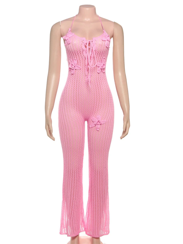 Nibber Knitted Lace-Up Jumpsuit Women Backless Halter Flower Applique Sleeveless 2025 Summer Vacation Trend Classic Overalls Aviola