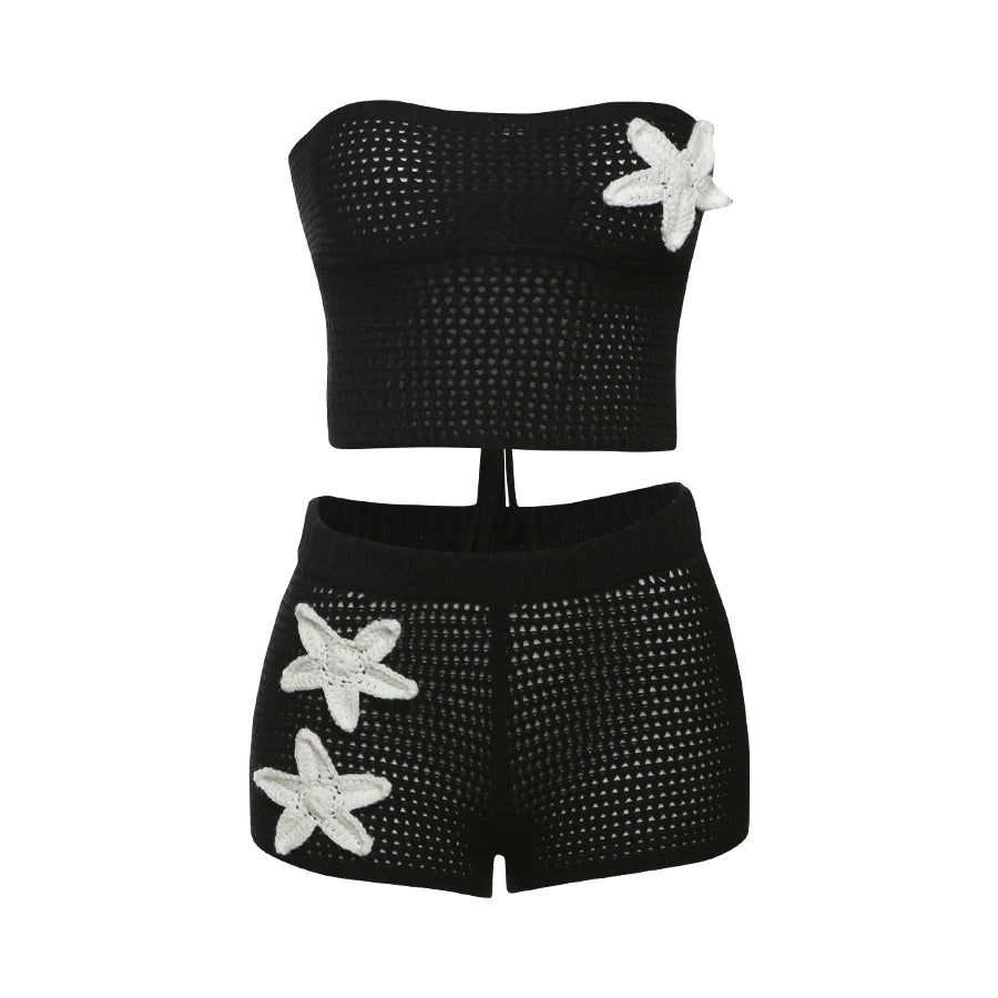 Nibber Summer Crochet Women 2 Piece Set Sexy Applique Hollow Beach Back Bandage Strapless Tops+Shorts Midnight Vacation Clubwear Aviola