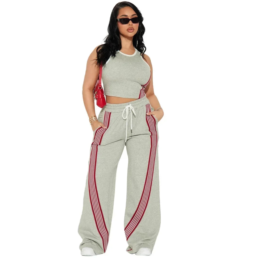 Two Piece Sets Women Sports Suit Vest Top Wide Leg Pants Striped Elastic Waist Matching Sets Trousers Sportswear 2025 Tracksuit Aviola