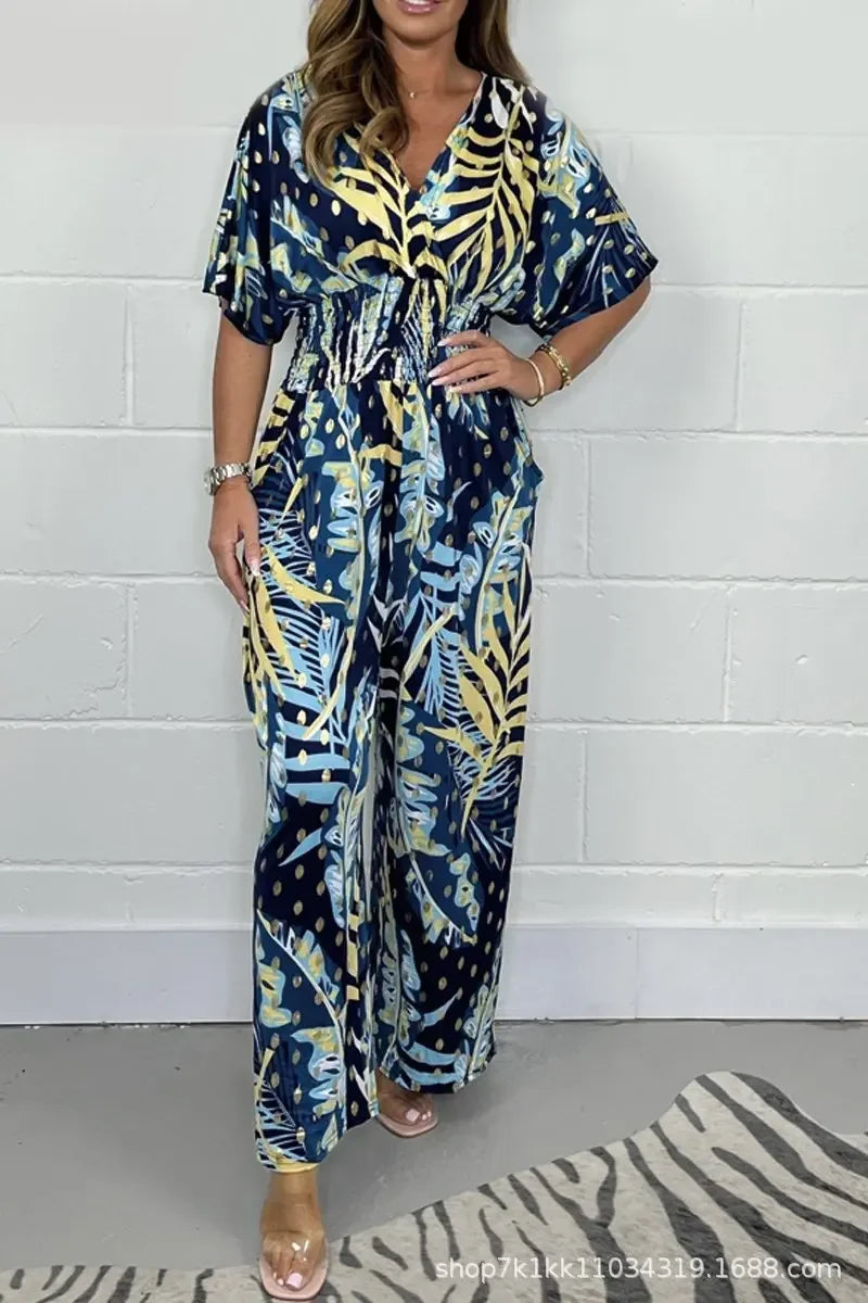 Rompers Women V Neck Jumpsuits Ankle Length Wide Leg Pants Print Pullover One Piece Y2k Streetwear Loose Casual Pockets Aviola