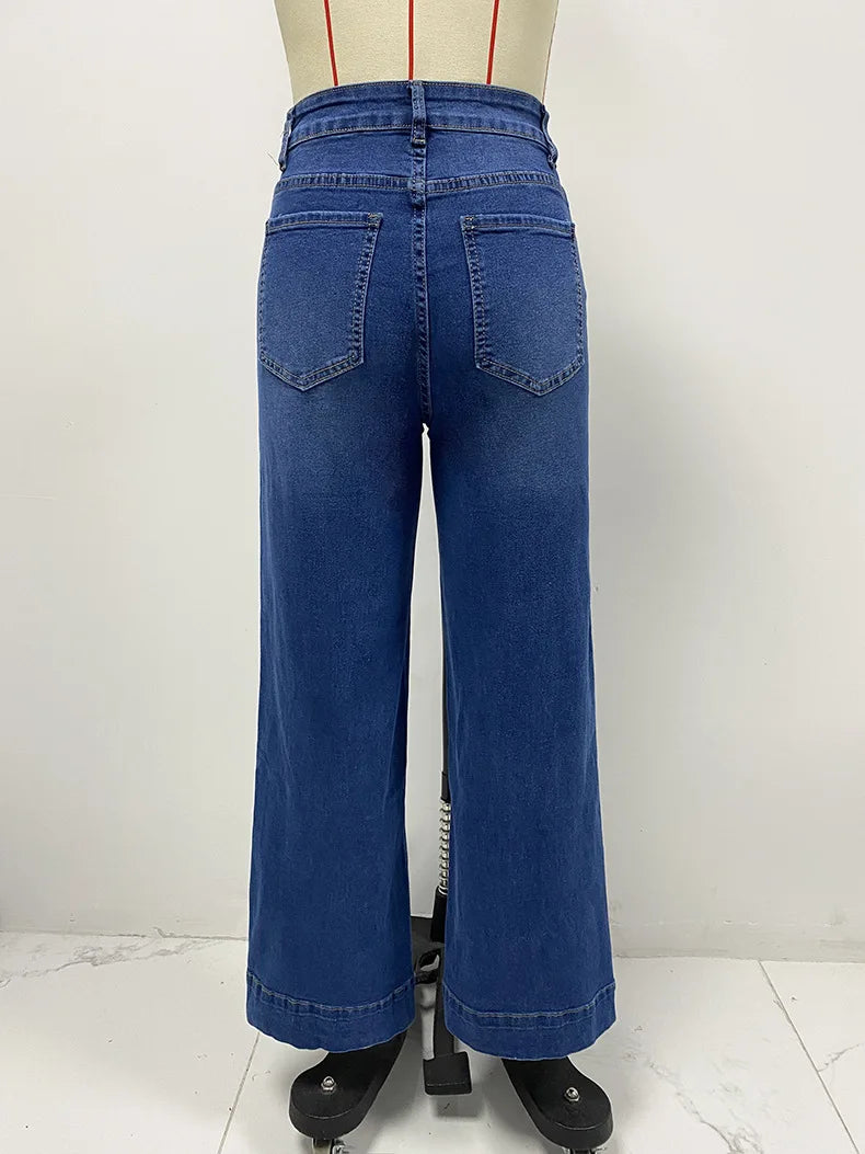 Wide Leg Pants Women Jeans Denim Long Pants Straight Trousers Vintage Button Pocket Blue Simple Loose Y2k High Waist Streetwear Aviola