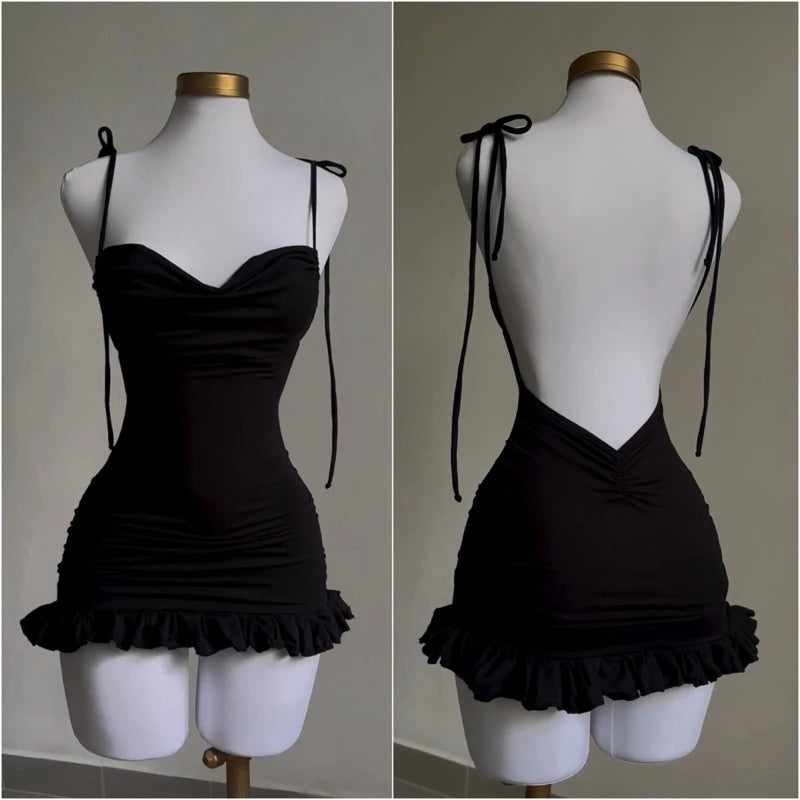 2024 European and American New High end Y2K Sexy Open Back Lace up Slim Fit Spicy Girl Short Skirt Aviola
