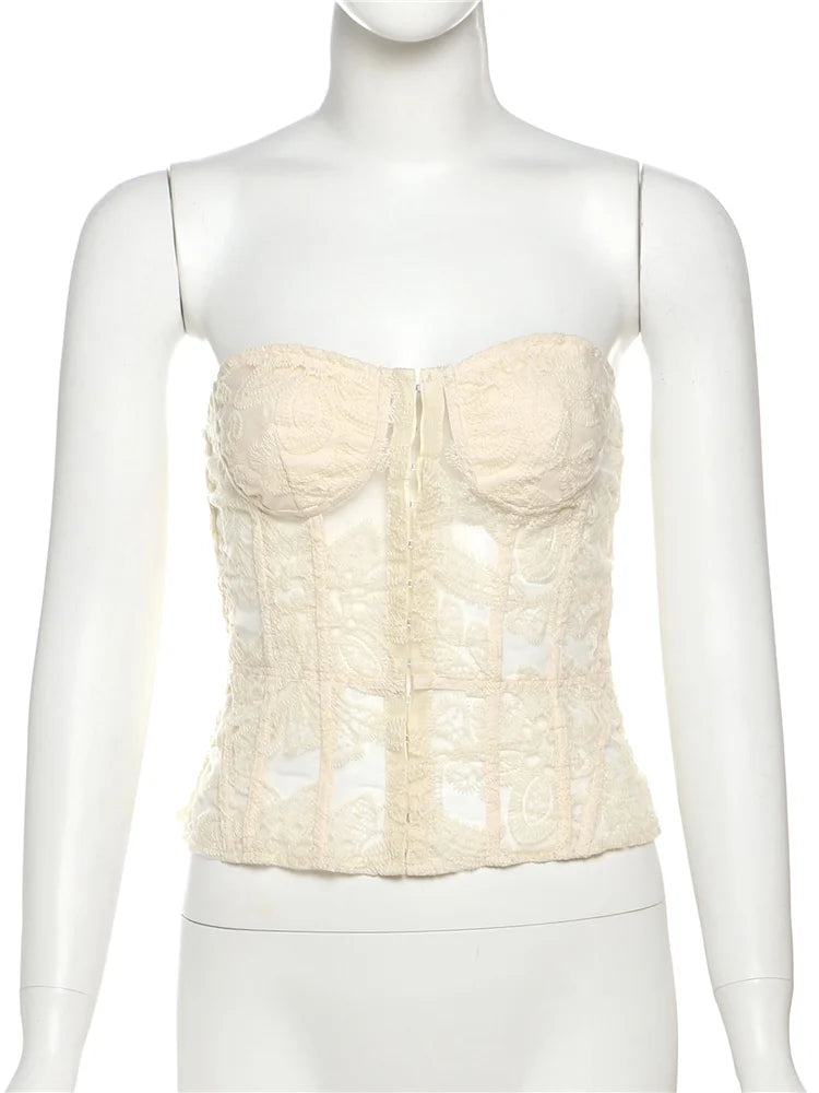Nibber See Through Women Warp Sleeveless Lace Pattern Concealed Metal Buckle Backless Sexy Summer Trend Simple Midnight Mini Top Aviola