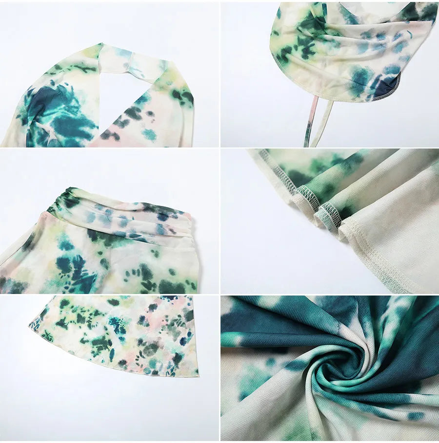 nibber Backless Halter 2Peice Set Woman Print Summer Swinging-Collar Bandage Tank Tops+Mesh Ruffles Tie-Dye Skirt Matching Suit Aviola