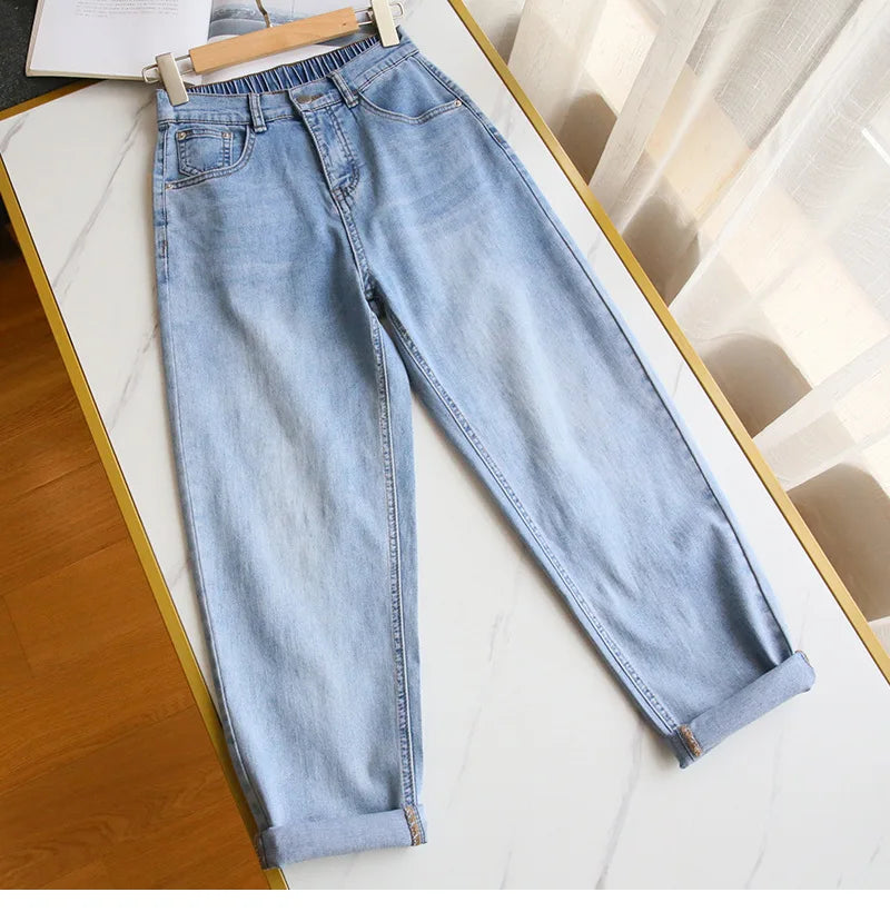 Bleached Jean Ankle Length Straight Denim Pants Women Harem Jeans Pockets Mid Waist Loose Fit Casual Solid Washed 2024 Aviola