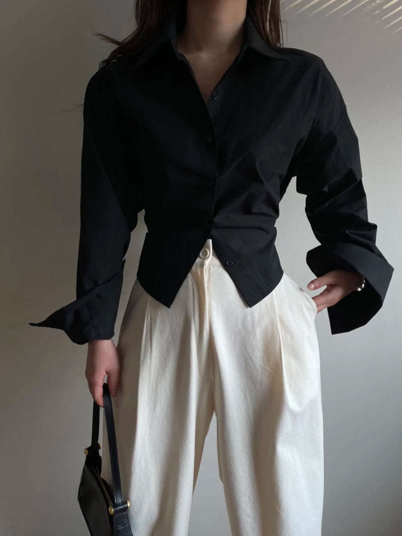 MEXZT Korean Long Sleeve Shirt Women Sexy Strap Backless Chic Blouse Office Lady Slim Lace Up Turn Down Collar Casual Top Aviola
