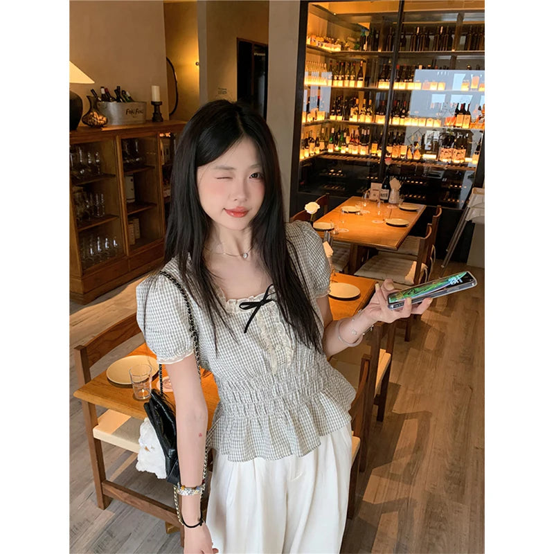 MEXZT Vintage Plaid Shirts Women Japanese Harajuku Bow Lace Patchwork Blouses Summer Kawaii Cute Puff Short Sleeve Casual Tops Aviola
