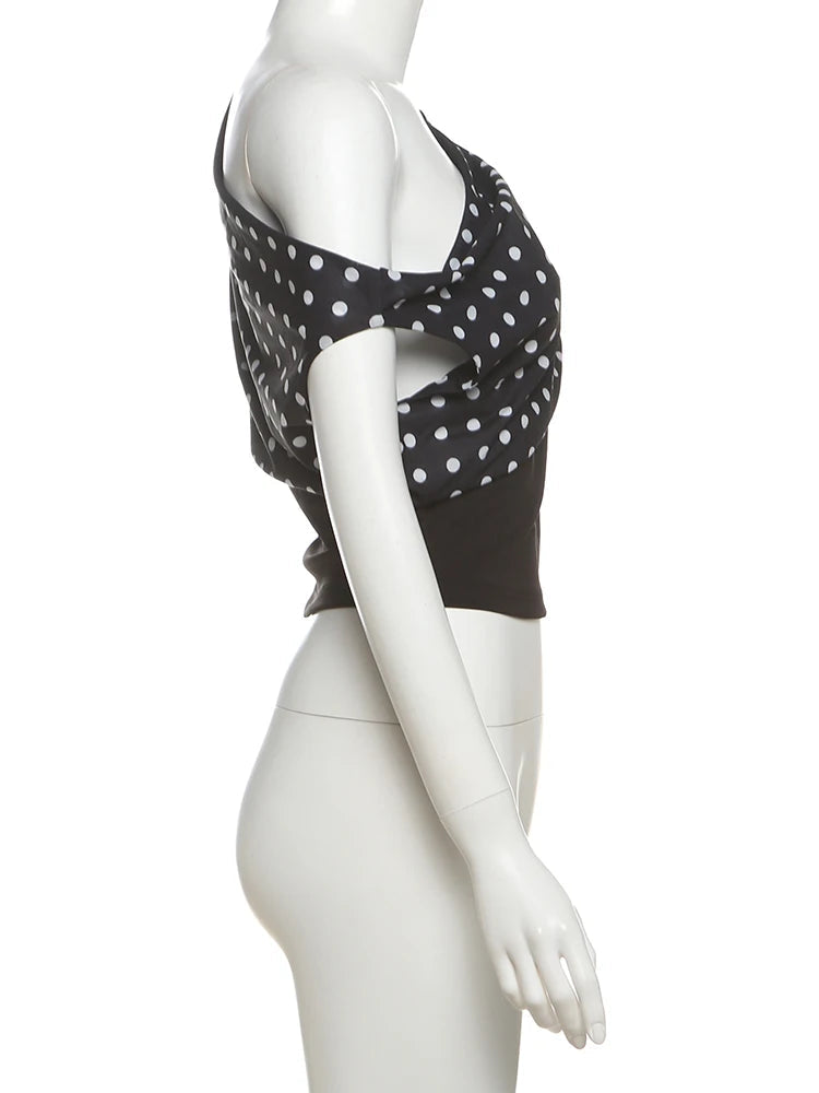 Nibber Daily Skew Collar Off Shoulder T-Shirt Women Polka Dots Print Summer Trend Backless Street Fashion Trend Ruched Crop Tops Aviola