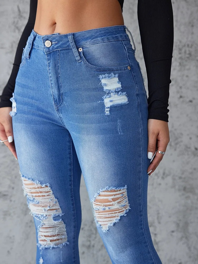 Ankle Length Ripped Hole High Waist Jean Sheath Pencil Denim Pants Skinny Solid Pockets Streetwear Distressed Vintage Slim Aviola