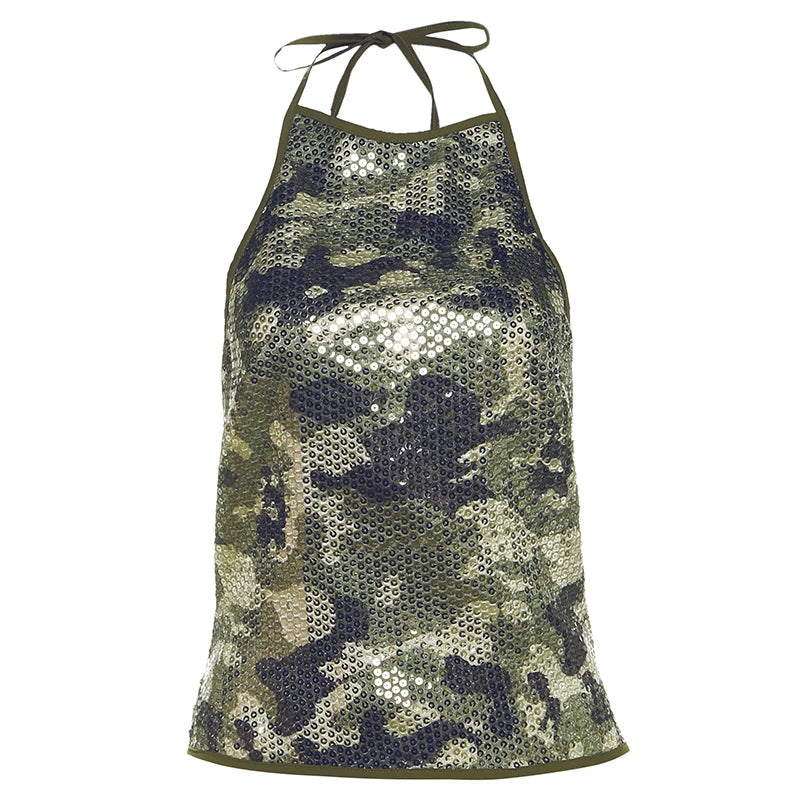 Nibber Camouflage Print Sequins Camisole Women Halter Lace-Up Backless Sleeveless Sexy Street Midnight Daily Summer Trend Tops Aviola
