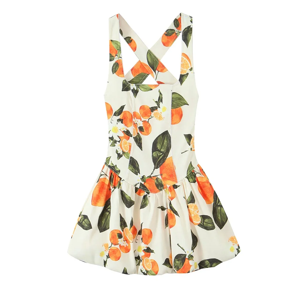 BM&MD&ZA2025cross-back design fruit print square collar simple casual suspender skirt summer new women's dress Aviola