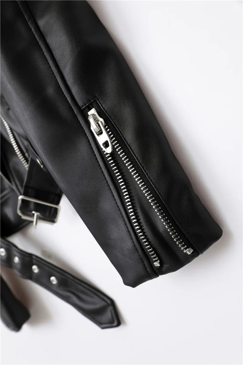 RARF Spring and Autumn 2025 New faux leather PU jacket with belt women's lapel motorcycle jacket black zip biker jacket Aviola