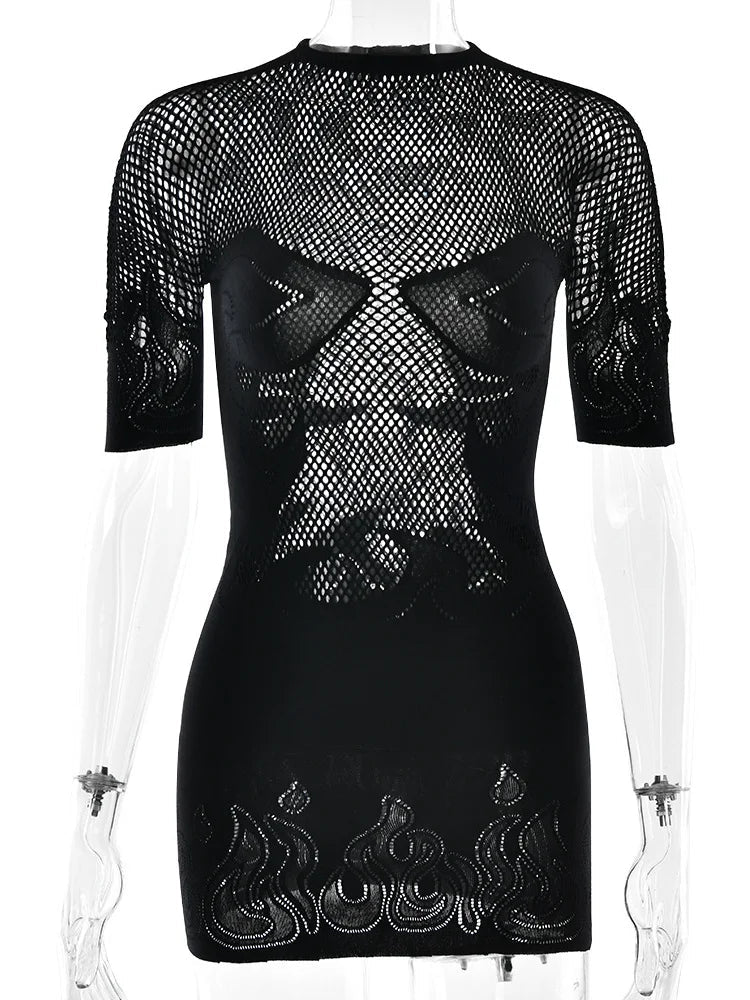 Nibber Hottie Sexy See Through Dress Women Flame Patchwork Print o-Neck Short Sleeve Skinny Peach Hip Street Hipster Outfits Aviola