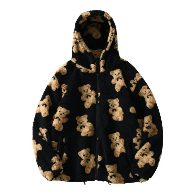 Y2K imitation lamb plush women's cotton jacket, little bear couple loose and lazy style, winter thick hooded jacket Aviola