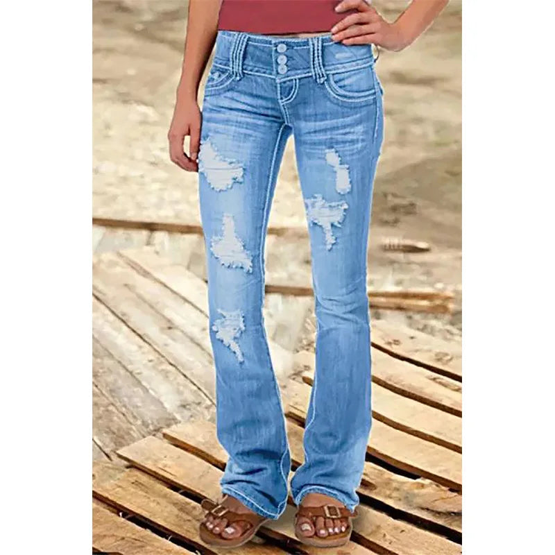 Mid Waist Flared Jeans Women Button Casual Straight Leg Pants New 2023 Summer Pocket Hole Female Loose Office Lady Slim Pants Aviola