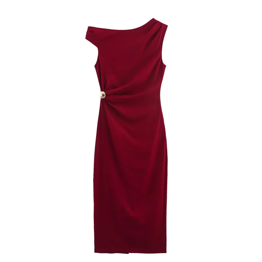 BM&MD&ZA2025French simple pleated oblique shoulder asymmetrical collar slim dress summer new women's clothing Aviola