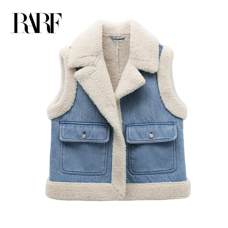 RARF 2024 women's new autumn and winter jeans do old wash and cashmere lamb vest women's top clip coat Aviola