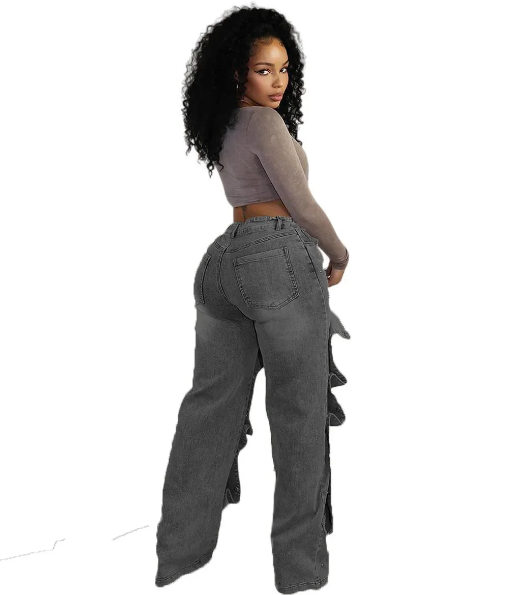 Jeans Denim Pants Women Straight Button Pockets High Waist Mom Floor Length Washed Distressed Strech Trousers 2025 Streetwear Aviola