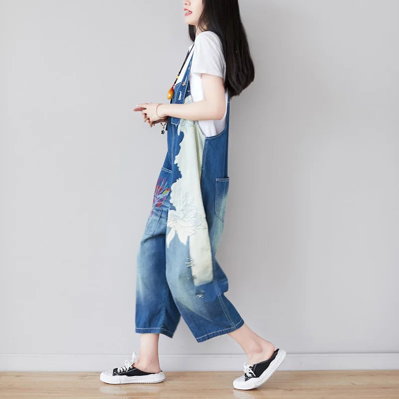 Ankle Length Denim Overalls Women Jeans Spliced Wide Leg Pants Streetwear Washed Jean Loose Fit Pockets 2024 Print Summer Aviola