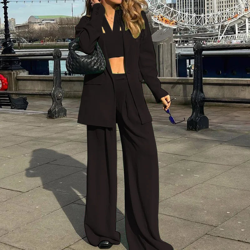 Women Tracksuit Three Pieces Set Turn Down Collar Cardigan Single Button Solid Outerwear Pockets Wide Leg Pants Office Lady Aviola