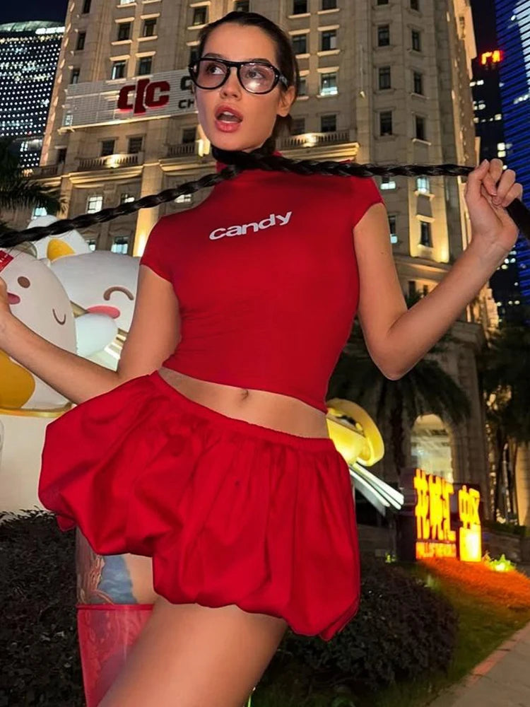 Nibber Hottie Casual 2 Piece Set Women Letter Print Shorts Sleeve Crop Tops+Puffy Skirt Simple Basic Matching Streetwear Outfits Aviola