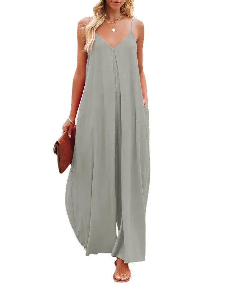 Women Jumpsuits V Neck One Piece Ankle Length Wide Leg Pants Rompers Backless Overalls Solid Pockets Loose Casual Mid Waist Aviola
