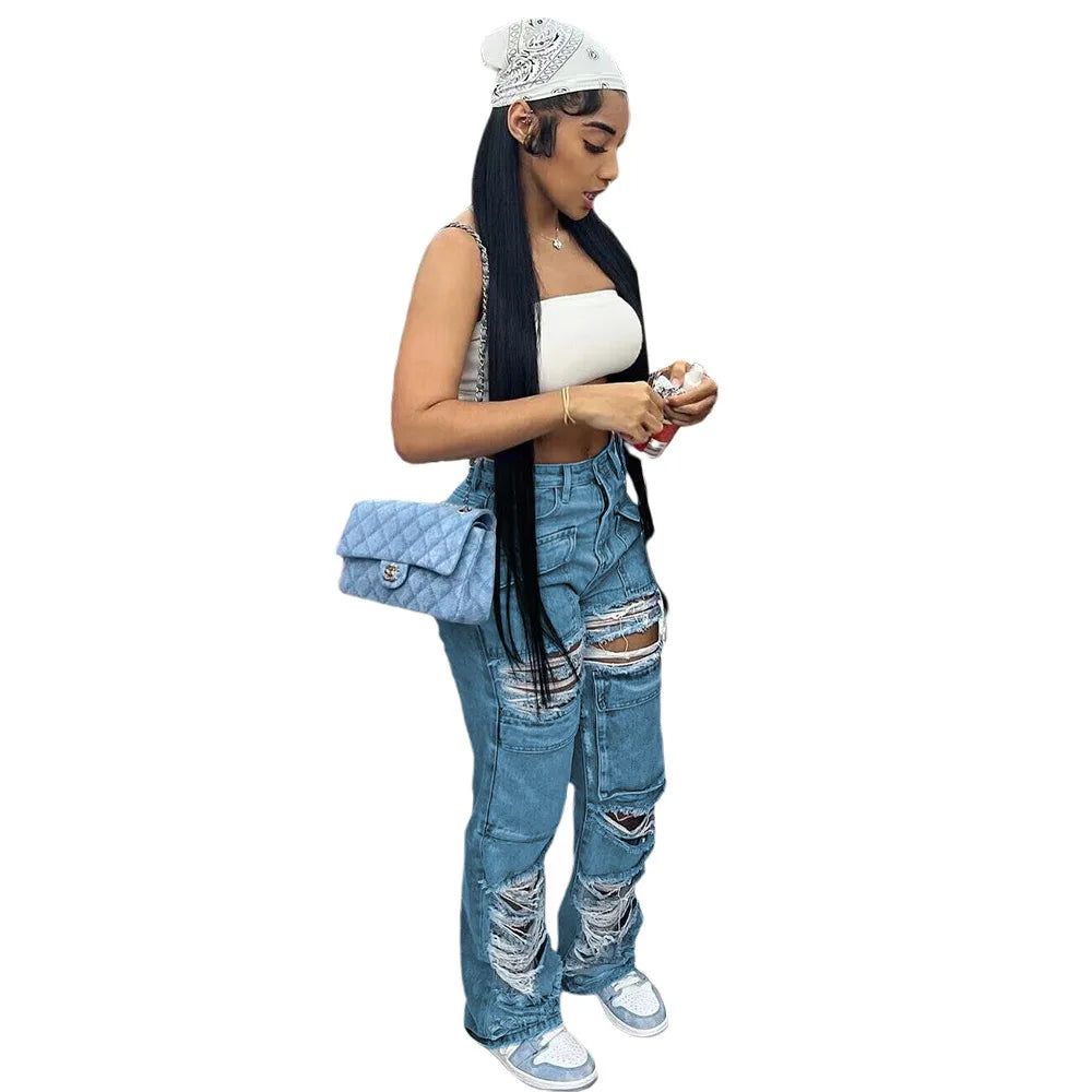 Women Jeans Denim Patchwork Straight Pants Holes Distressed Pockets Washing High Street Low Waist Zipper Fly Flat Winter Aviola