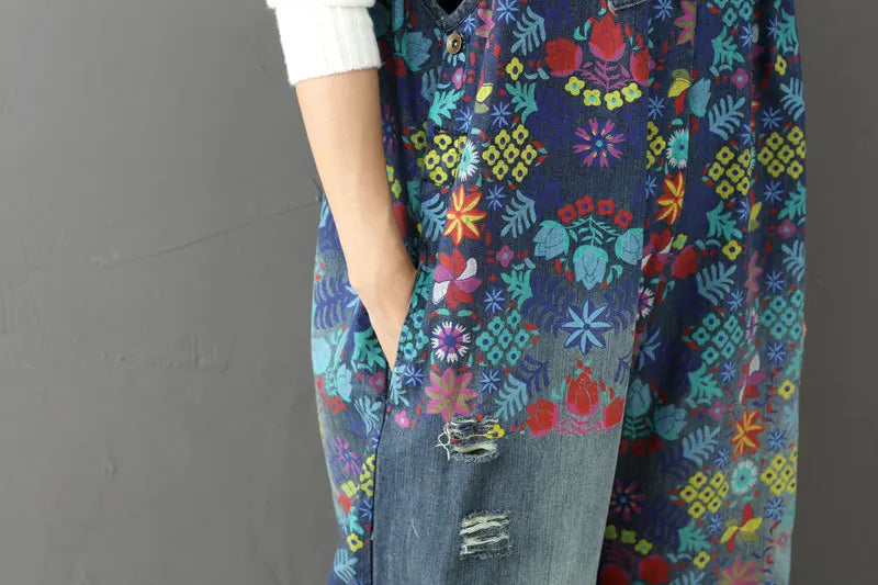 Jean Women Overalls Washed Denim Bleached Wide Leg Pants Hole Ripped Ankle Length Jeans Distressed Pockets Print Casual Aviola