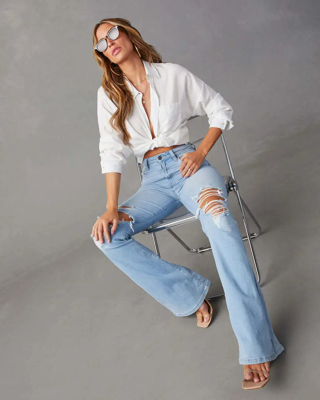 Women Denim Flare Pants Streetwear Jeans Loose Fit High Waist Pockets Holes Ankle Length Solid Color Spring 2024 Zipper Fly Aviola