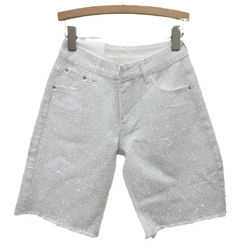 Denim Shorts Women Short Pants Diamonds High Waist Distressed Washed Y2k Punk Knee Length Streetwear Summer 2025 Straight Jeans Aviola