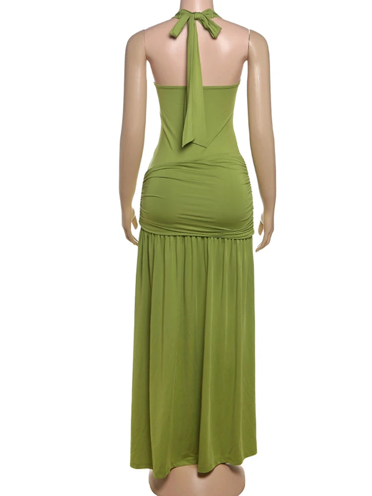 Nibber Halter Maxi Dress Women Bandage Backless High-Side Splits Low-Neck Sleeveless Metal Trim Folds Fit Temperament Vestidos Aviola