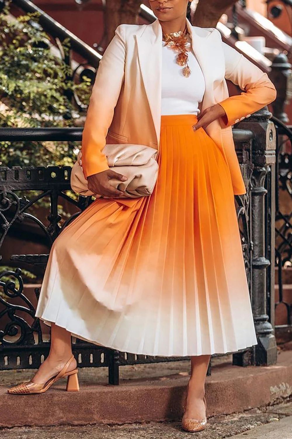 Plus Size Business Casual Skirt Set Orange Gradient Pleated Long Sleeve Blazer Suit Two Piece Skirt Set Aviola