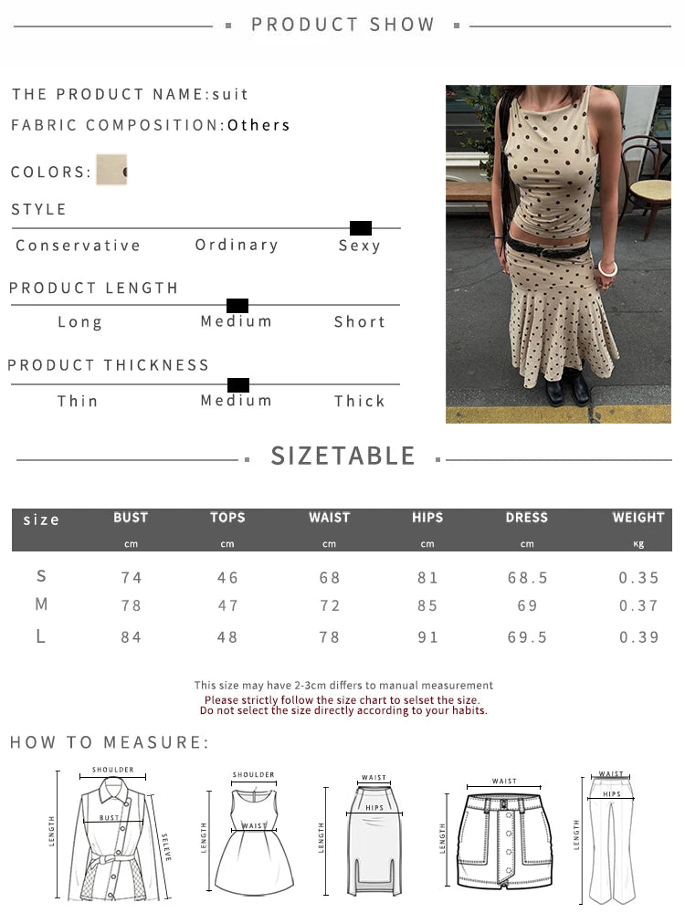 Nibber Polka Dot Print 2-Piece Set Women o-Neck Sleeveless Skinny Tops+Folds Skirts Sweet Temperament Fashion Matching Suits Aviola