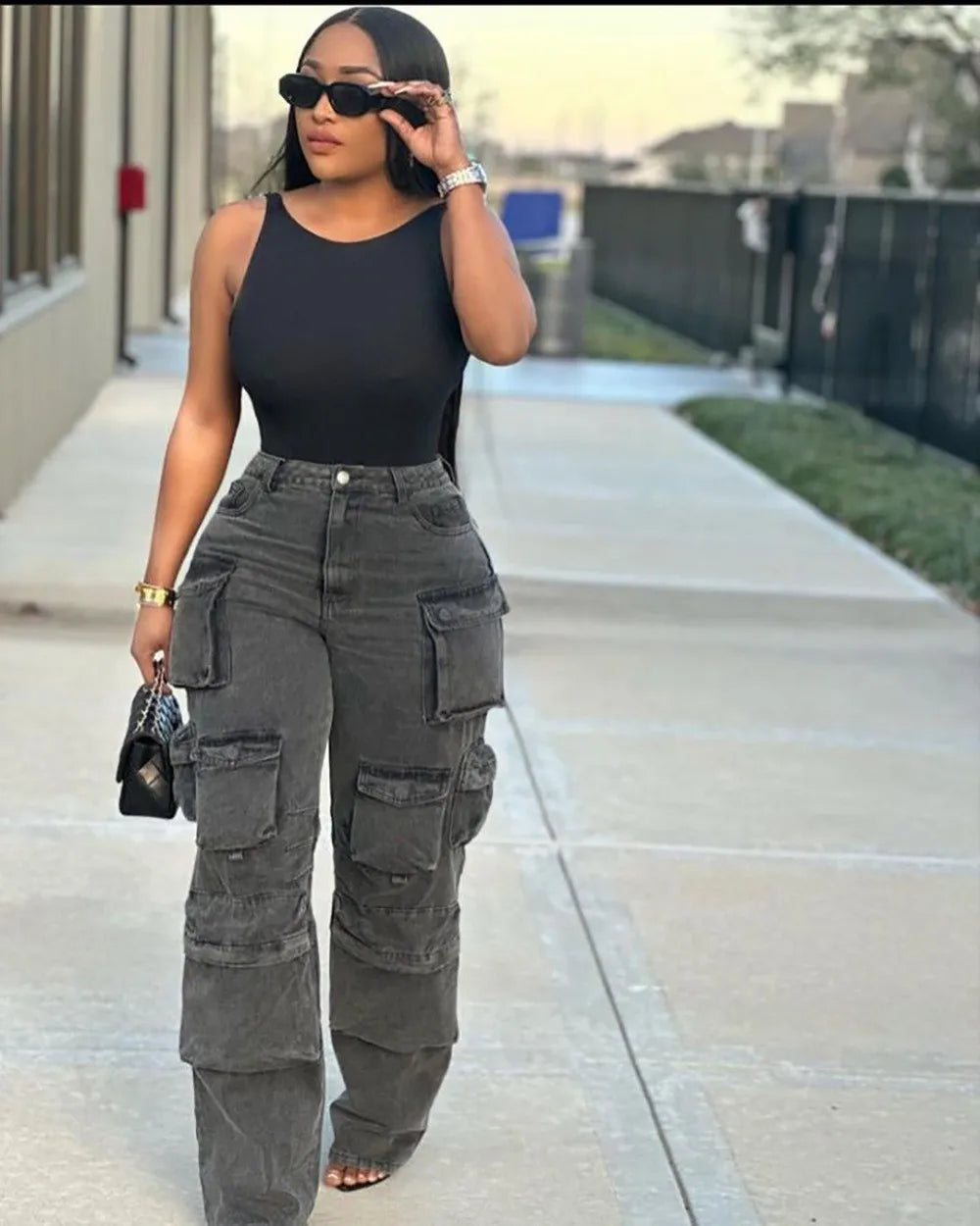 Women Jeans Washing Denim Patchwork Cargo Pants Pockets Mid Waist Zipper Mom Jeans Winter 2025 Slight Strech High Street Loose Aviola