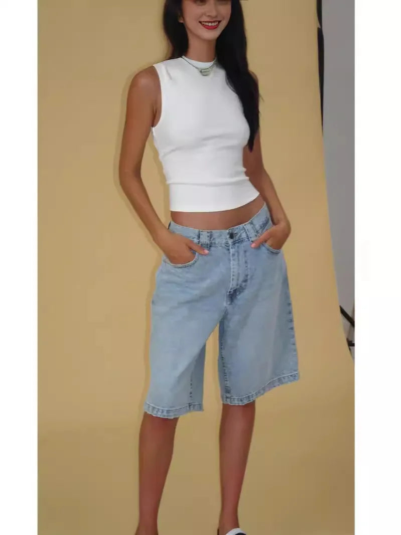 Denim Pant Women Wide Leg Jeans Calf Length Pants High Waist Straight Trousers Y2k Streetwear Mom Jeans Casual Loose Summer Aviola